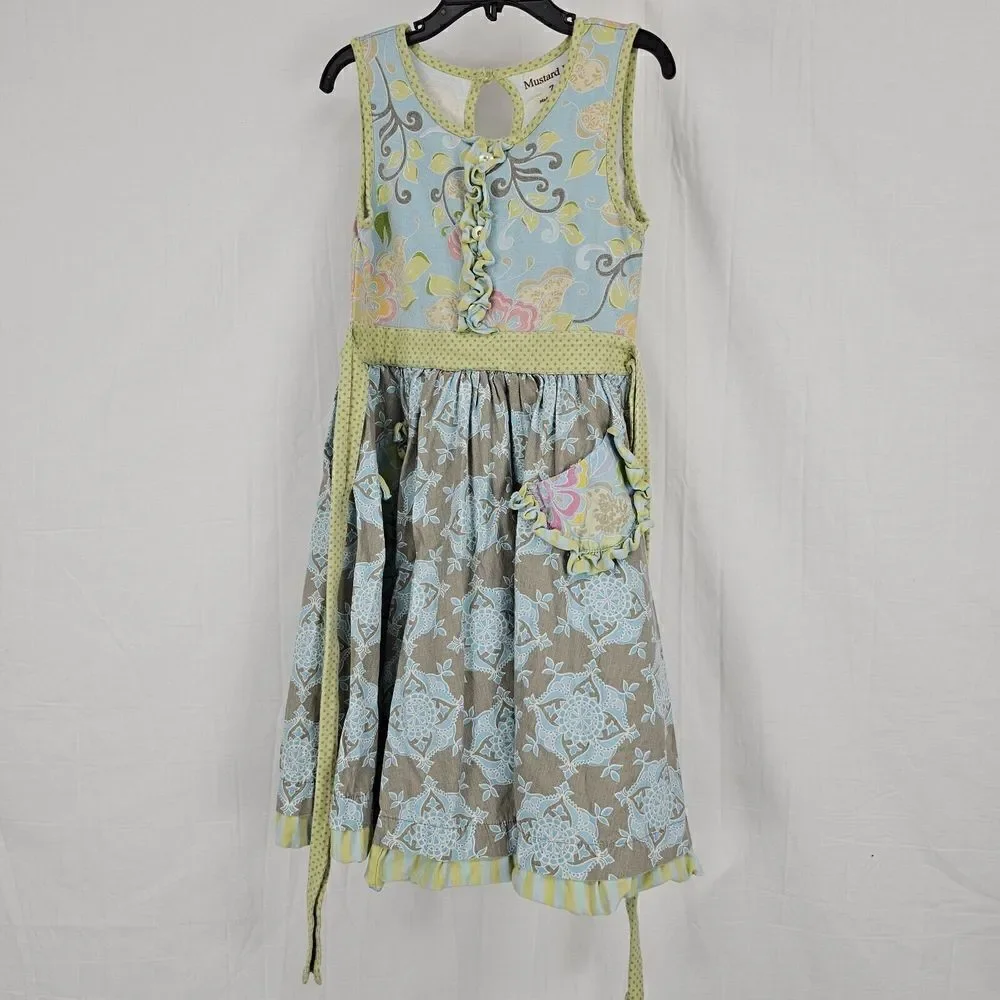 Mustard Pie Girls Size 7 Green Blue Gray Floral Damask Like Print Summer Sun